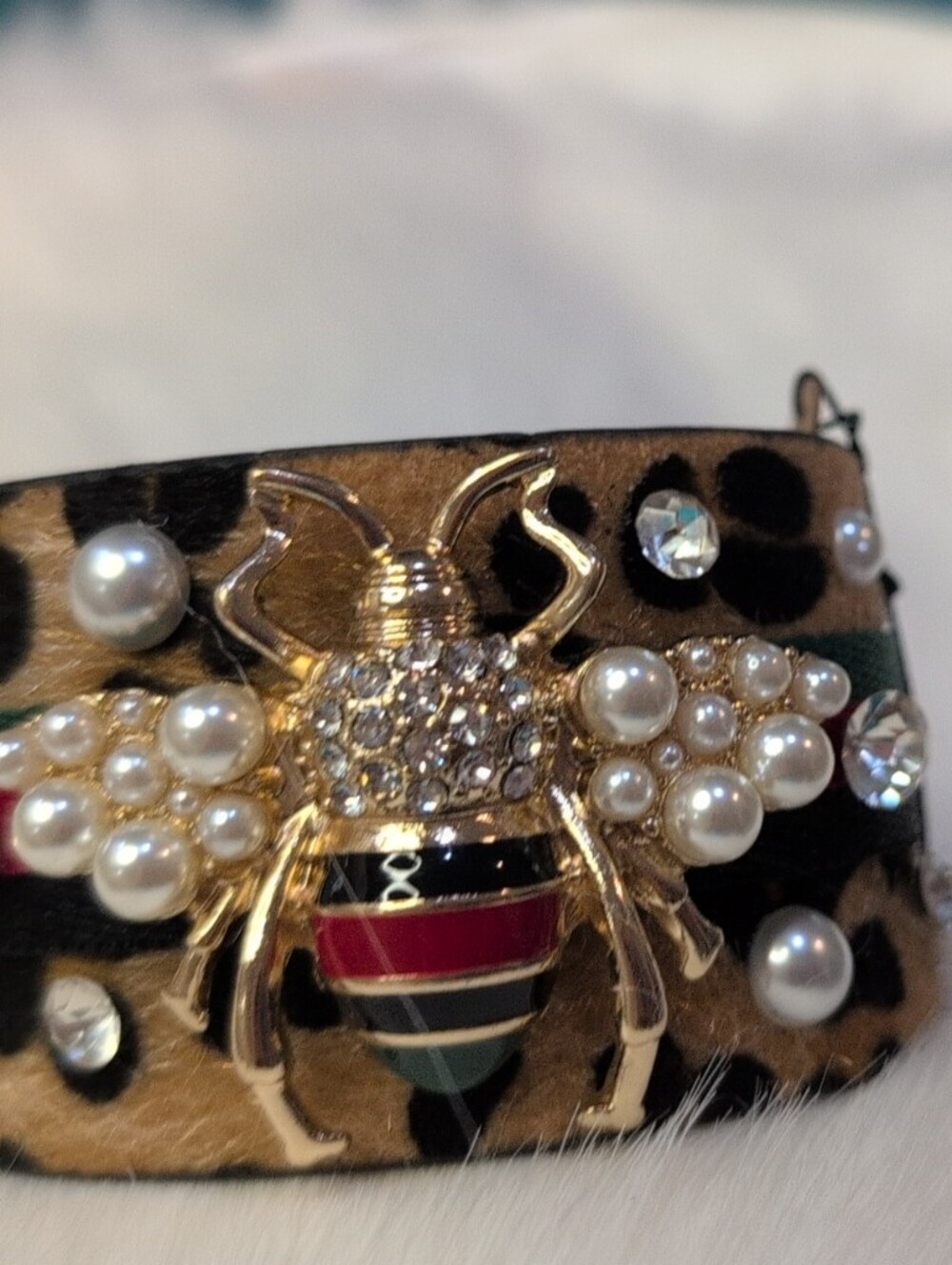 Embellished Leopard Cuff Bracelet with Bee Accent - Brown, Black, Gold Tone